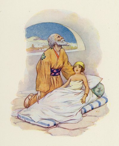Ancora una volta Eliseo strinse a sé il bambino (litografia a colori). da Harry George Theaker