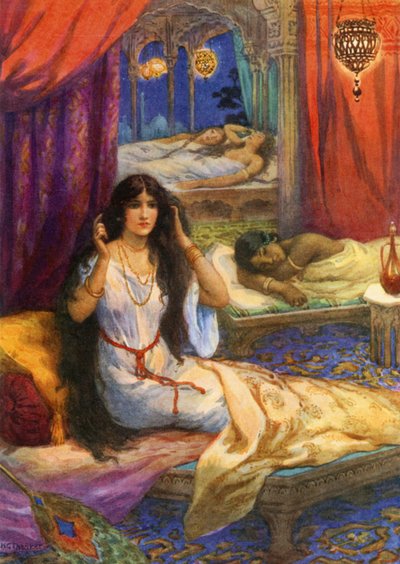 "Pabhavati si è svegliata con un inizio" (litografia a colori) da Harry George Theaker