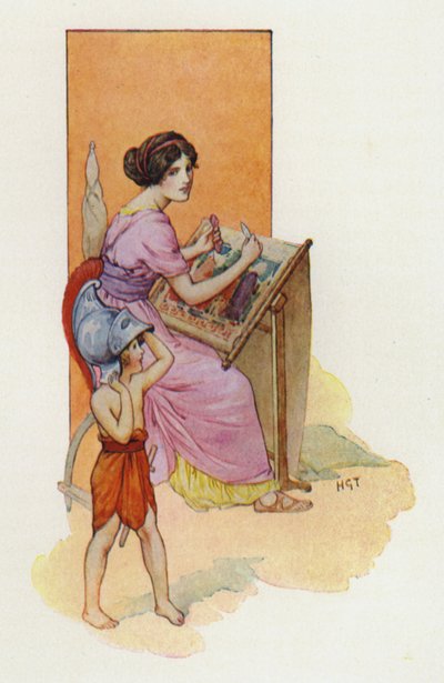 Penelope con il figlio Telemaco (litografia a colori) da Harry George Theaker