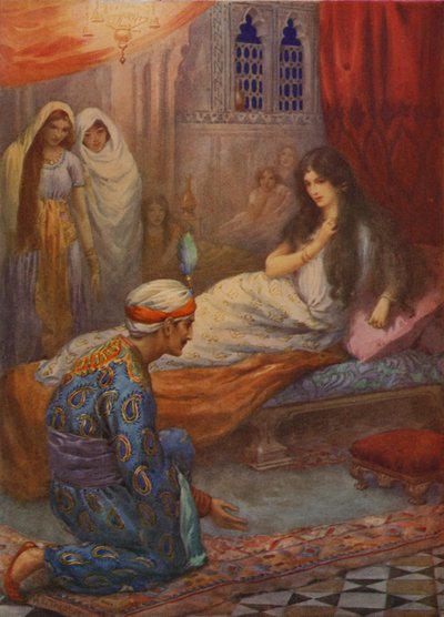 Il principe Feroze-Shah risveglia la bella principessa (litografia a colori) da Harry George Theaker