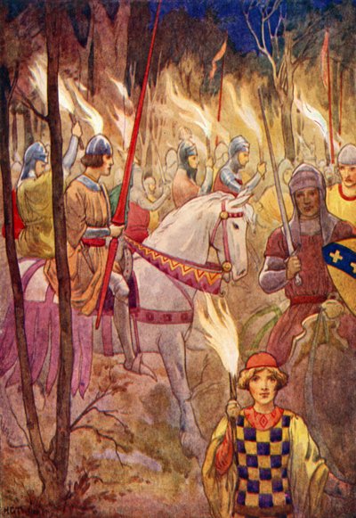 Corteo di cavalieri con fiaccole (litografia a colori) da Harry George Theaker
