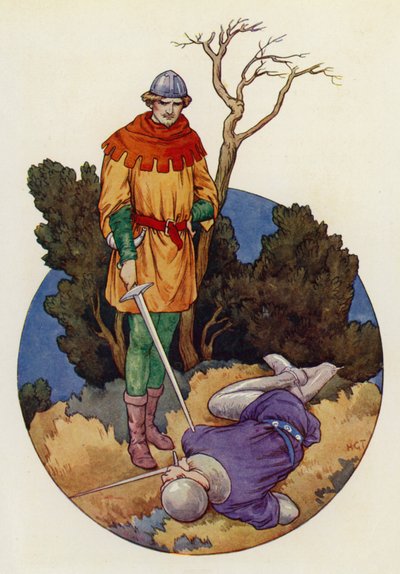 Robin colpì e con un colpo secco stese a morte Guy di Gisborne (litografia a colori) da Harry George Theaker
