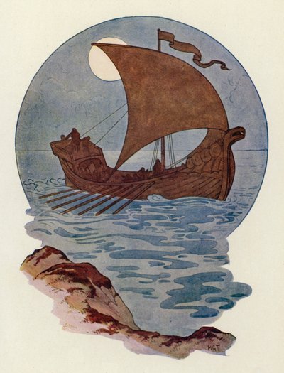 Era costruita come una nave da guerra norrena (litografia a colori) da Harry George Theaker
