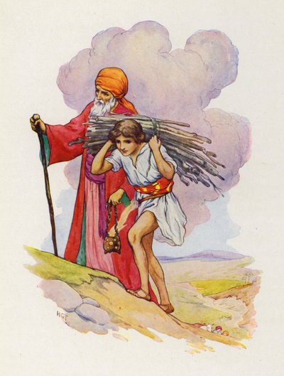 Fianco a fianco Abramo e Isacco salgono il ripido sentiero (litografia a colori) da Harry George Theaker
