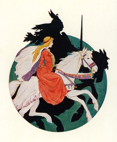 Il Cavaliere Nero si allontana con la fanciulla (litografia a colori) da Harry George Theaker