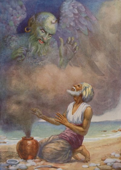 Il Genio fugge dal Vaso (litografia a colori) da Harry George Theaker