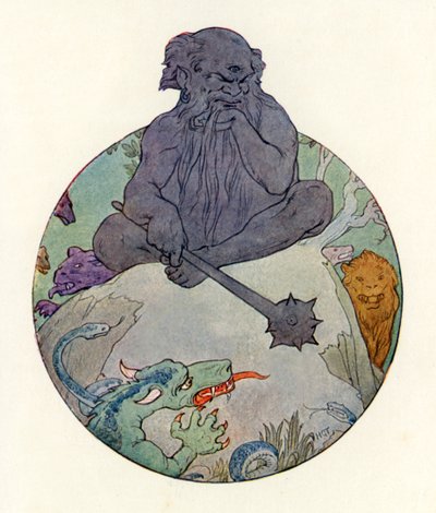 Il Grande Gigante Nero guarda Sir Gawaine (litografia a colori) da Harry George Theaker