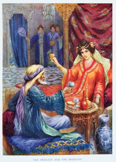 La principessa e il mago, illustrazione da "Storie per bambini delle Mille e una notte", di Rose Yeatman Woolf, 1920 circa (litografia a colori) da Harry George Theaker