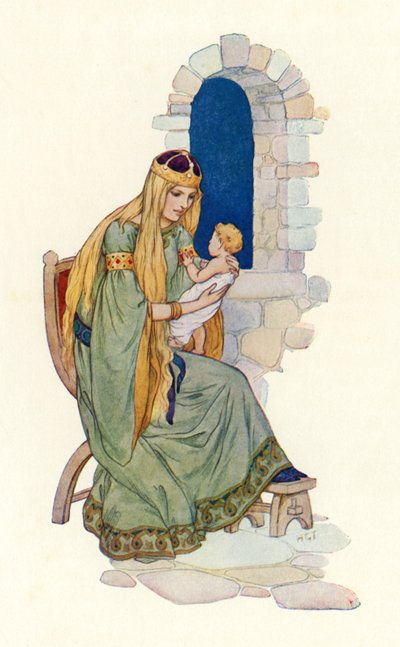 La regina con il piccolo Lancillotto (litografia a colori) da Harry George Theaker