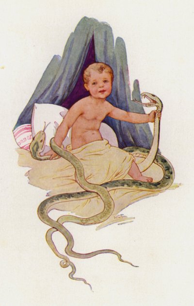 Ercole bambino che strangola i serpenti (litografia a colori) da Harry George Theaker