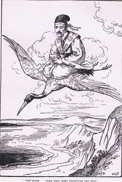 La gru volava via su monti e mari (dalla Storia di Sentaro) (litografia) da Harry George Theaker