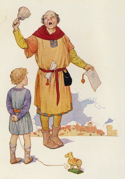Il banditore proclamò la notizia e tutta la città vibrò di eccitazione (litografia a colori) da Harry George Theaker