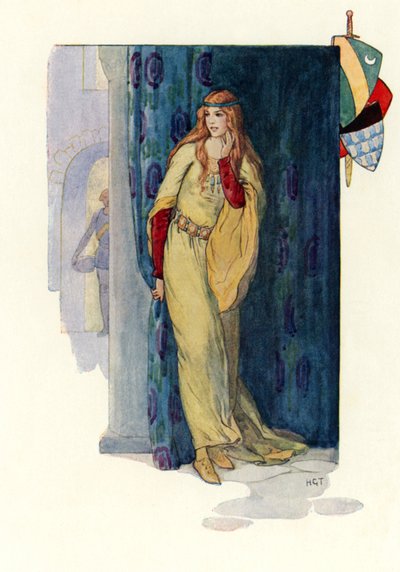 La rosa della fanciulla muta che si nasconde dietro una tenda (litografia a colori) da Harry George Theaker