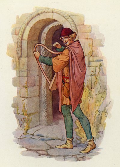 La fama di Robin Hood si diffuse in tutte le contee del Midland, fino alla stessa Londra, e le ballate delle sue gesta cominciarono ad essere cantate (litografia a colori). da Harry George Theaker