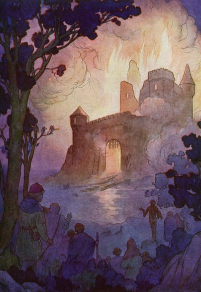 Il grande torrione si infiammò, una colonna di fuoco visibile per chilometri (litografia a colori) da Harry George Theaker