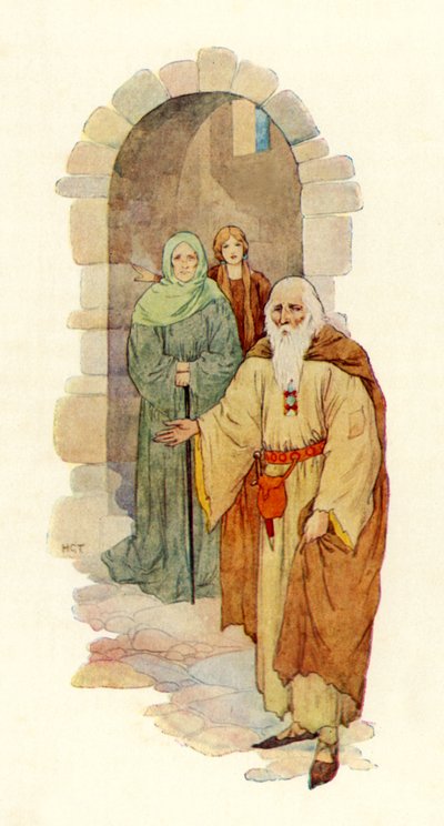 Il vecchio invita il cavaliere nel palazzo in rovina (litografia a colori) da Harry George Theaker