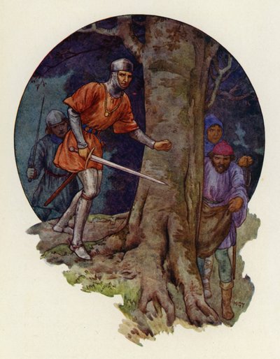 "Finalmente i fuorilegge!", gridò lo sceriffo, e con la spada sguainata corse verso il luogo in cui le figure erano scomparse (litografia a colori). da Harry George Theaker