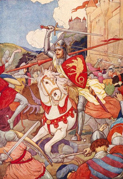 Lo strano cavaliere con la spada che lampeggia (litografia a colori) da Harry George Theaker