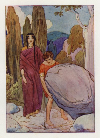Teseo che solleva la grande roccia, sotto la quale si trovano la spada e i sandali (litografia a colori) da Harry George Theaker