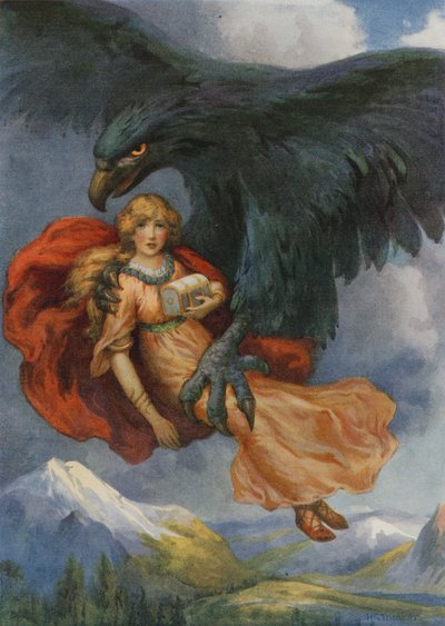 Thiassi e Iduna, da "Le mele di Iduna" (litografia a colori) da Harry George Theaker