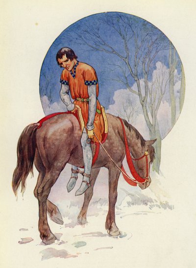 Così Guy partì a cavallo, rivolto verso di loro, con i piedi ben saldi sotto il cavallo (litografia a colori). da Harry George Theaker