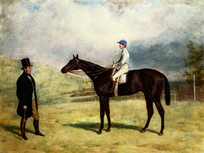 Un gentiluomo con il suo cavallo da corsa con fantino su un ippodromo da Harry Hall