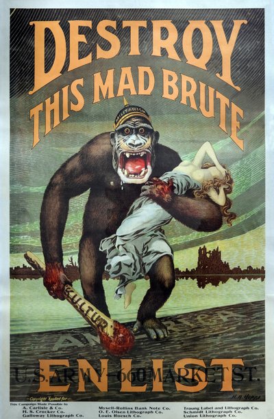 Campagna di reclutamento militare USA nella Prima Guerra Mondiale "Distruggi questo bruto pazzo - Arruolati" pub. 1917 da Harry R. Hopps