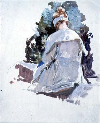 Donna in un vestito bianco seduta su rocce da Harry Watson
