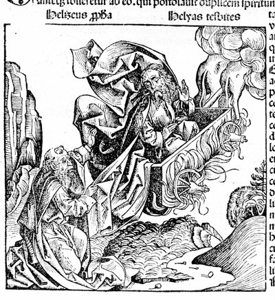 Elia sale su un carro di fuoco, lasciando i suoi beni a Eliseo. Hartmann Schedel: Cronaca di Norimberga. Norimberga 1497 da Hartmann Schedel