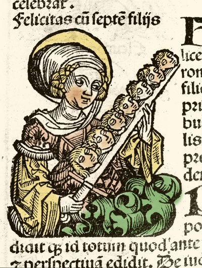 Rappresentazione di Santa Felicita, martirio a Roma con le teste dei suoi sette figli. xilografia di Hartmann Schedel 