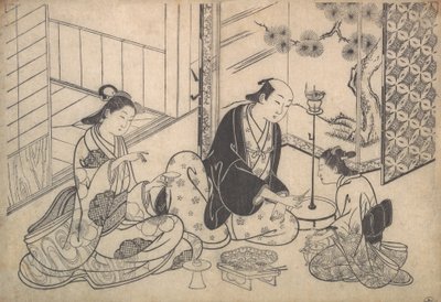 Interno, Tre figure: Festa del sakè, ca. 1730 da Hasegawa Mitsunobu
