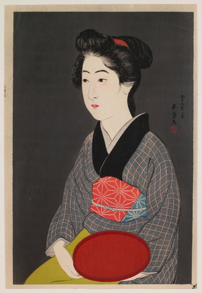 Cameriera con un vassoio (Ritratto di Onao, una cameriera alla locanda Matsuyoshi, Kyoto) da Hashiguchi Goyô