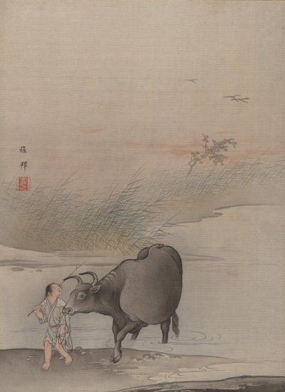 Ragazzo con mucca al bordo del fiume da Hashimoto Gaho