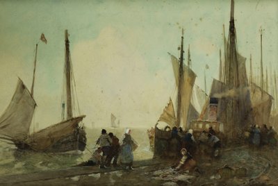 Scarico delle barche da pesca sul molo, Bretagna da Hector Caffieri