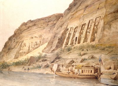 Abu Simbel vista dal Nilo. Acquerello di Hector Horeau (1801-1872) architetto francese. Il più vicino è il Tempio di Hathor. Le più lontane sono le statue di Ramses II (regnante dal 1304 al 1273 a.C.) all