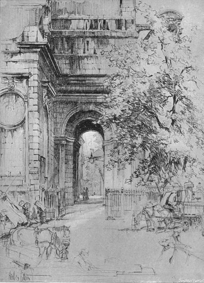 Il vecchio ingresso al Ponte di Londra sotto la torre di San Magnus da Hedley Fitton