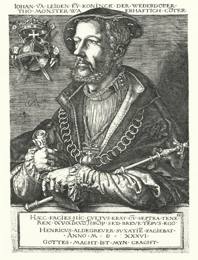 Giovanni di Leida, leader anabattista olandese e uno dei capi della ribellione di Münster del 1534-1535 (incisione) da Heinrich (after) Aldegrever