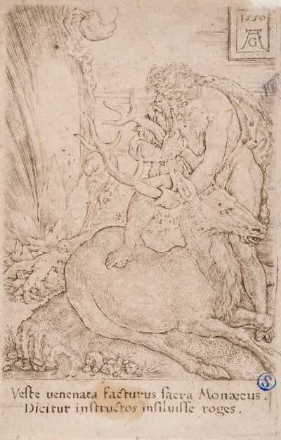 Eracle che cattura la cerva di Ceryne, dalla serie:  Le fatiche di Ercole (13) da Heinrich Aldegrever