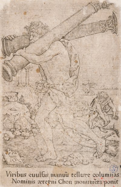 Ercole che trasporta le colonne di Gades, dalla serie:  Le fatiche di Ercole (12) da Heinrich Aldegrever