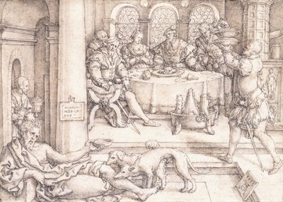 Lazzaro che chiede briciole dalla tavola di Dive, 1552 da Heinrich Aldegrever