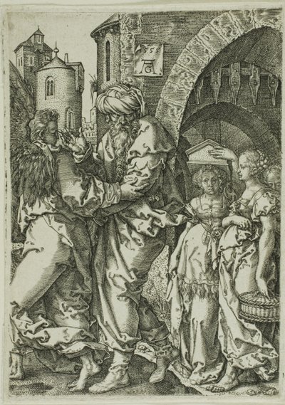 Lot e la sua famiglia in fuga da Sodoma, dalla Storia di Lot da Heinrich Aldegrever