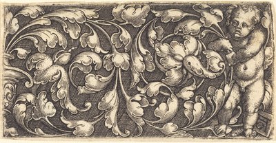 Bambino nudo che tiene un doppio rotolo di ornamento fogliare da Heinrich Aldegrever