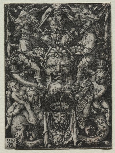 Disegno ornamentale con una maschera, una coppia di tritoni e due bambini sotto, 1549 da Heinrich Aldegrever