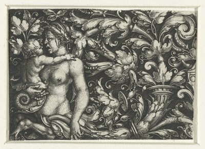 Ornamento con fogliame e una tritone femmina con bambino da Heinrich Aldegrever