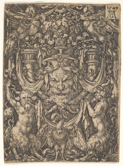 Disegno ornamentale con una maschera e un