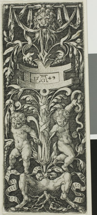 Pannello di ornamento con due ragazzi nudi in piedi sulle gambe di un satiro da Heinrich Aldegrever