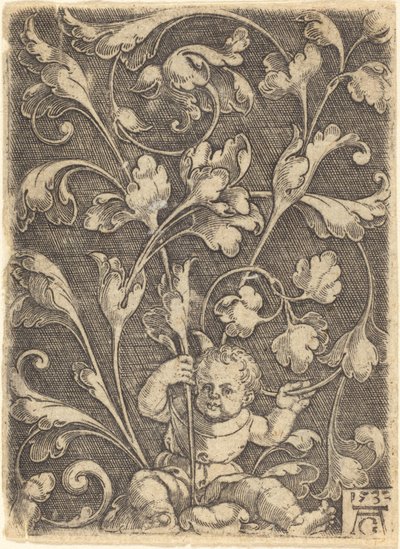 Ornamento a voluta con bambino seduto da Heinrich Aldegrever