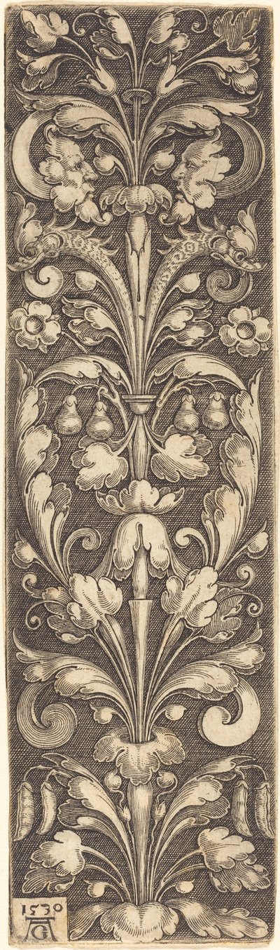 Ramo di fogliame ornamentale con due maschere e due delfini, 1530 da Heinrich Aldegrever