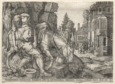 La Parabola del Buon Samaritano: Il Buon Samaritano che Pone il Viaggiatore sul Suo Asino da Heinrich Aldegrever