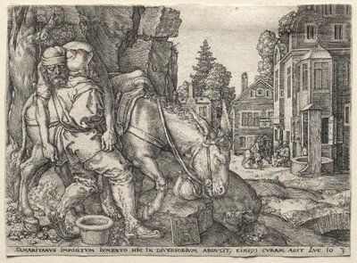 La parabola del buon samaritano: il buon samaritano mette il viaggiatore sul suo asino da Heinrich Aldegrever